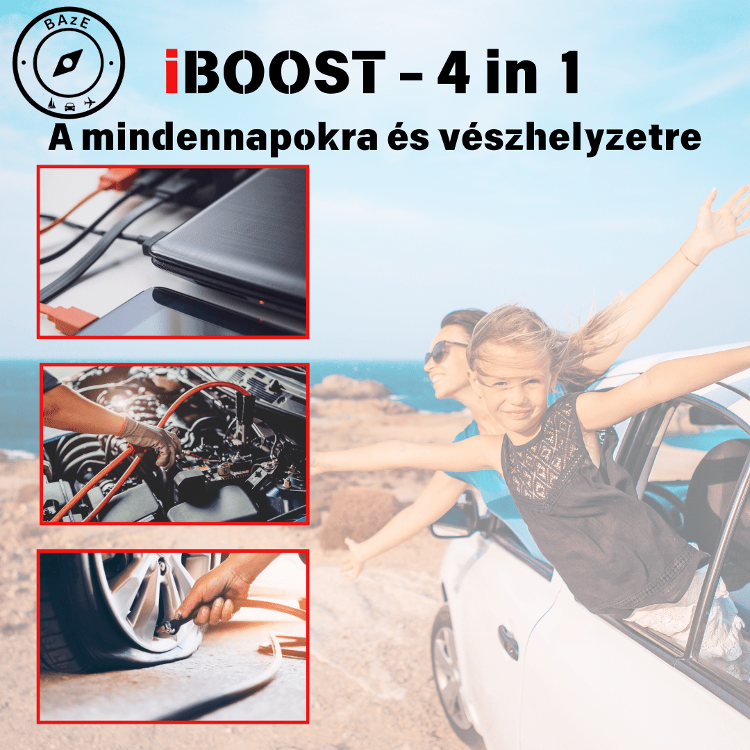 iBOOST - 4 in 1 Elektromos bika kábel, powerbank, kompresszor és lámpa